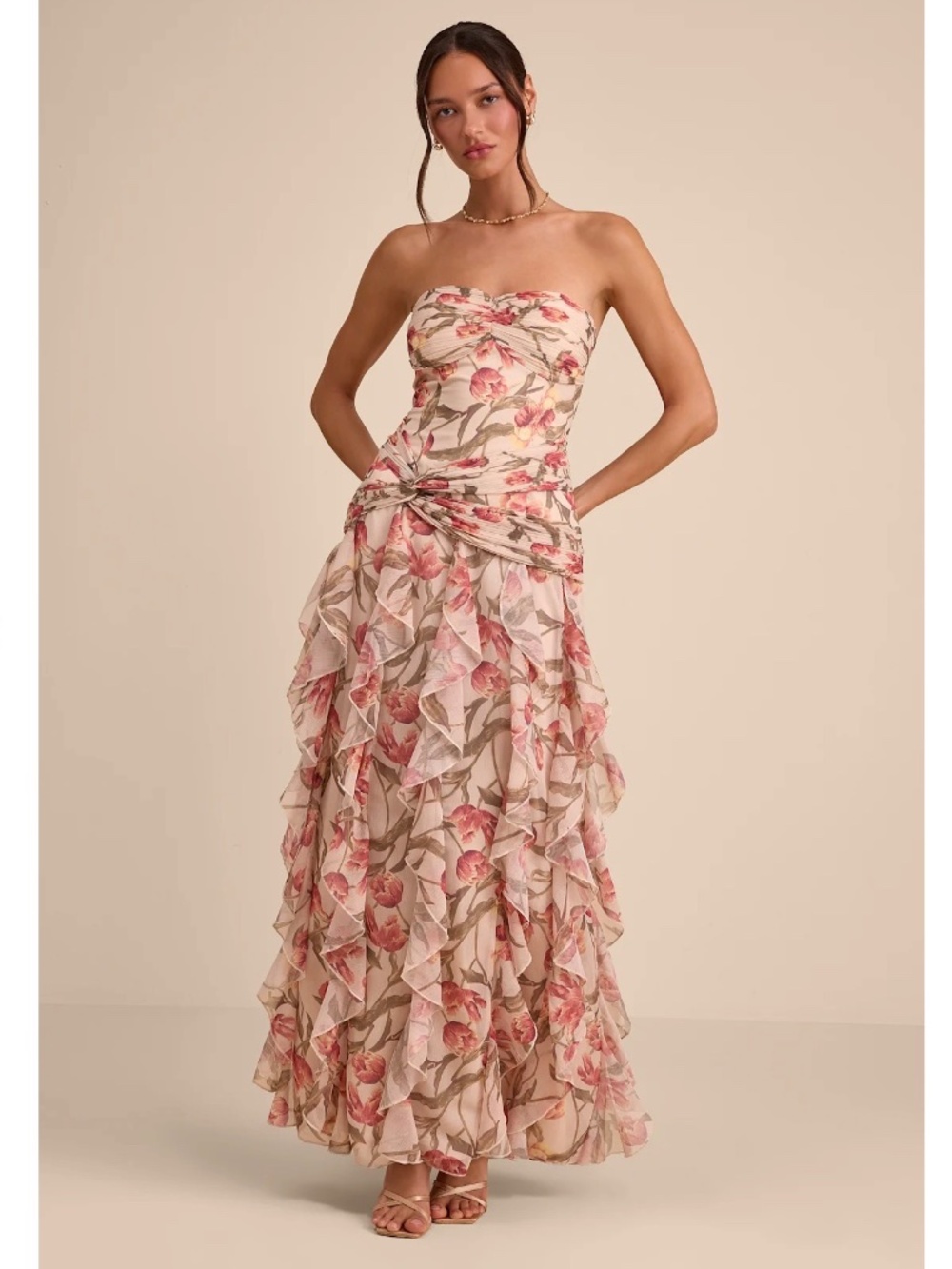 NWT Lulus Danna Cream Multi Floral Ruffled Maxi Dress M